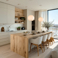 Meubles de cuisine modernes sur mesure avec portes en placage de bois, îlot central et rangement intégré pour appareils électroménagers, idéaux pour appartements