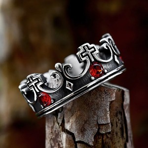yunnique Crown <b>Cross</b> <b>Ring</b> Stainless Steel Unisex Viking Style Red Gemstone Jewelry Gift - Product Image 1