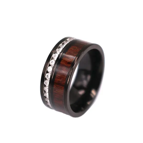 9MM Titanium Ring with Koa and CZ around,His Black Titanium Wedding Band with Koa Stone