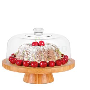 Support à gâteau en bambou avec couvercle en dôme en acrylique transparent 6 en 1 Porte-gâteau multifonctionnel Plateau de service Plateau à collation Plateau à gâteau - Product Image 1