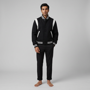 Custom Manufacturer Wool Chenille Embroidery <b>Men's</b> Leather <b>Baseball</b> Letterman <b>Jacket</b> with Stand Collar and Front Logo - Product Image 1