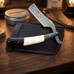 Navaja de Afeitar Recta de Acero de Damasco Marca ASAP con Mango de Bambú, Hoja Única, Funda de Cuero Negra, para Hombre - Product Image 4
