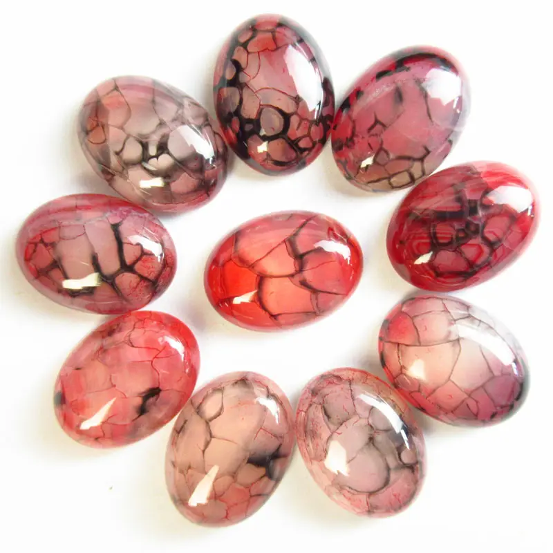 Free Shipping 12Pcs Natural Red Black Dragon Veins Agate Stones Oval Shape Cabochon Flat Bottom Jade For Making Ring Necklace
