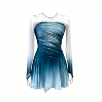 Robe de patinage artistique à manches longues dégradé bleu et blanc, ornée de strass et de mailles, pour compétition et spectacle (adultes et enfants)