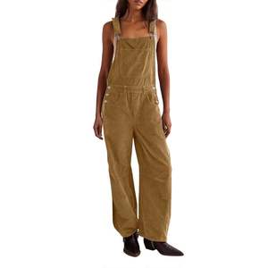 Combinaison pantalon cargo décontractée ample en velours côtelé marron rétro avec bretelles en coton pour femme - Product Image 6