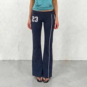 Pantalones de mujer con estampado de bloques de color, de tiro medio, cintura elástica, transpirables, antiestáticos, acampanados, informales, para estar en casa, otoño - Product Image 1