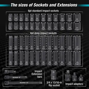 DURATECH Customized 55pc Professional 1/2 Inch Impact Socket Set With 24 Both Standard Impact Sockets And Deep Impact Sockets