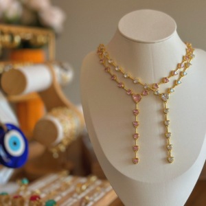 Coreano de lujo Rosa melocotón corazón diamante colgante collar circón tenis cadena gargantilla collares nupcial boda joyería conjuntos - Product Image 1