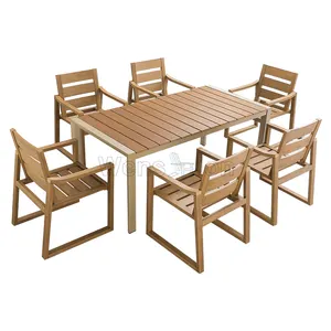 फैक्टरी मूल्य के साथ एल्यूमिनियम फ्रेम कूल्हों प्लास्टिक लकड़ी की मेज शीर्ष खाने की मेज सेट 6 सीटों वाले भोजन कक्ष के लिए