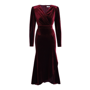 مجموعة ربيع 2025 فستان أنيق بلون خمري للحفلات برقبة على شكل V وقماش مخملي وتنورة طويلة بقصة ضيقة للنساء من الدانتيل مناسب لحفلات التخرج - Product Image 5