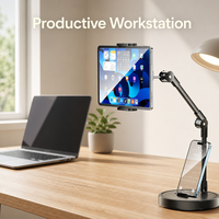Support de bureau 2-en-1 pour phablet avec bras mécanique et rotation réglable à 360° compatible avec iPad toutes marques et support de téléphone