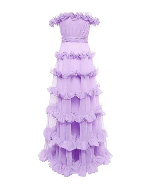 Women's Purple Off-shoulder Ruffled Ball Tulle Gown Maxi Ballroom Full Skirt Flowing Tiers Shoulder-baring Neckline Women Dress