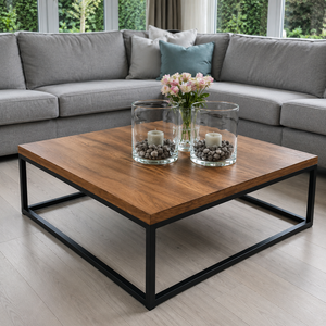 Mesa de Centro Minimalista Cuadrada de Madera con Estructura de Acero, Mesa de Centro Contemporánea para Salón y Espacios de Hostelería - Product Image 3