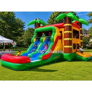 Structure gonflable commerciale à louer avec toboggan aquatique, style palmier tropical, pour enfants, avec souffleur - Product Image 1