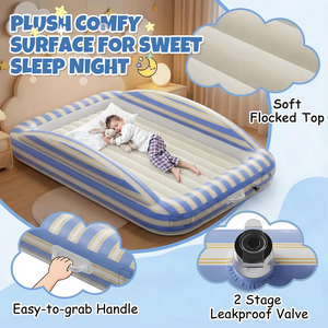 Blue White Striped Kids <b>Inflatable</b> Travel Bed with Safety Rails for Toddlers Camping Home - Product Image 5