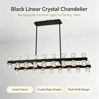 Lustre linéaire moderne noir à hauteur réglable, 36 lumières, luminaire suspendu rectangulaire, abat-jour en verre cristal transparent, structure métallique, LED