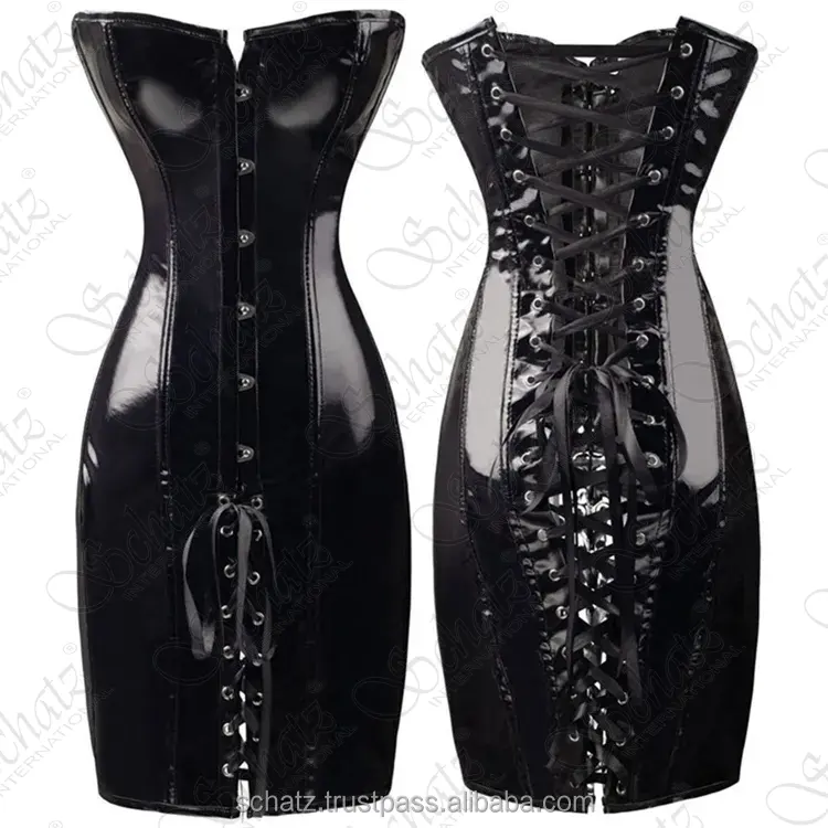 Damen trägerloses Pvc-Korsett sexy gotisches Korsettkleid glänzendes PVC-Leder knochengerät Bustier-Top langer Torso Körperformkleidung Kostüme