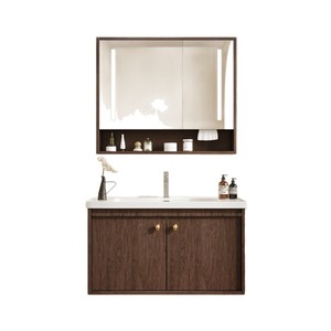 Meuble de salle de bain moderne avec vasque intégrée en céramique et tiroir en bois massif noyer - Product Image 5