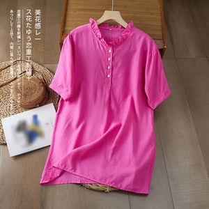 White Cotton Linen Short Sleeve Blouse With Lace Neckline And Embroidery Women's Casual Top - Product Image 3