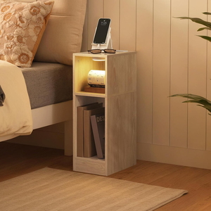 Mesa de Noche Estrecha con Estación de Carga, Mesa Auxiliar Delgada Natural con Almacenamiento y Luz LED, Mesa Auxiliar Moderna <span class=keywords><strong>para</strong></span> Espacios Pequeños - Product Image 5