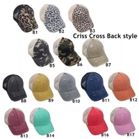 Casquette Trucker D2367 Camouflage Femme avec ouverture pour chignon désordonné, en coton et maille, style Gorras, casquette de baseball sportive, effet vieilli, pour queue de cheval croisée