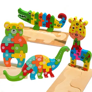 Kids Intelligence Baby Toy Wood Puzzles Cognition English Letter Building Wooden Animal Jigsaw Puzzle Toys for Children Toddler