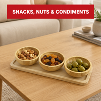 Ensemble de 3 bols à collation en bambou naturel avec plateau de service, bols ronds pour condiments et noix, support en bois antidérapant pour la cuisine et la maison