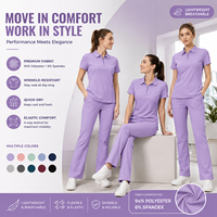 Ensemble d'uniformes élégants pour femmes, haut de blouse à revers, pantalon micro-évasé, 4 poches, 94% polyester, 6% élasthanne, antistatique, uniforme d'infirmière doux