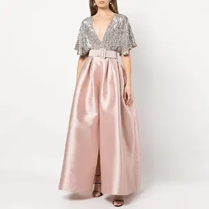 Robe de soirée élégante en satin pour femmes, col en v profond, manches courtes, ceinture, design à paillettes