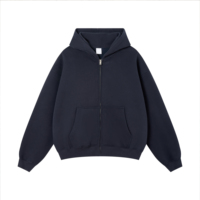 Hoodie Zipper Pria Oversize Bahan Tebal 345gsm Warna Navy, Bordir Logo Custom, Thermal Fleece, Model Boxy