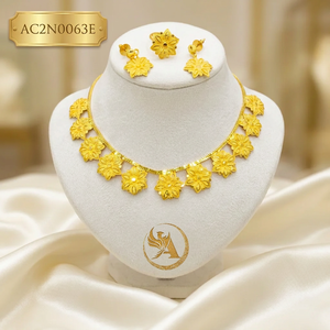 New African Wedding 18K Gold Plated Brass Floral Jewelry Set | Dubai Style Necklace Earrings Ring for Women - Product Image 1