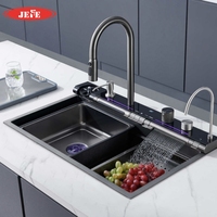 Évier de cuisine multifonctionnel en cascade avec affichage numérique de la température, en acier inoxydable noir nano, OEM
