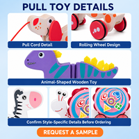 Collection de jouets à tirer en bois pour enfants avec des modèles dinosaure, zèbre, escargot, chiot et crocodile