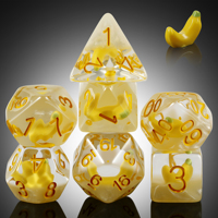 Vente en gros de dés polyédriques en résine personnalisés de 16 mm sur le thème de la banane, très demandés pour les jeux de rôle de table D&D