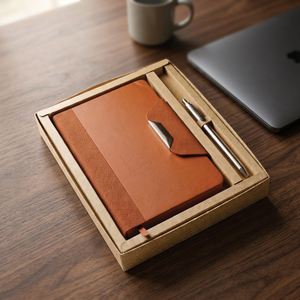 Set de Regalo de Cuaderno de Cuero Marrón y Bolígrafo Plateado en Caja de Cartón Kraft - Product Image 5