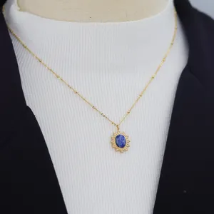 Collier pendentif en acier inoxydable avec bord de perle ovale rétro français avec collier de bijoux de mode en grès bleu naturel