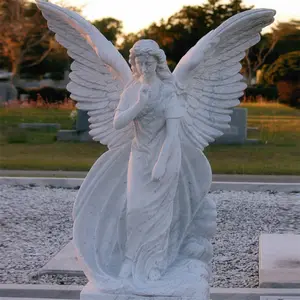 Decorazione esterna Statue di angelo piangente a grandezza naturale scultura in pietra di marmo statua di angelo da giardino