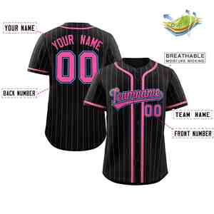 Camiseta de Béisbol Auténtica Personalizada con Diseño de Rayas Negro, Rosa y Gris, con Botones Completos - Product Image 3