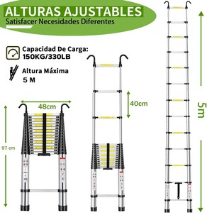 <span class=keywords><strong>Escalera</strong></span> Telescópica de Aluminio de <span class=keywords><strong>5</strong></span> <span class=keywords><strong>Metros</strong></span>, Capacidad de Carga de 150 kg, Plegable, Retráctil, <span class=keywords><strong>Extensible</strong></span>, Compacta y Portátil - Product Image 2