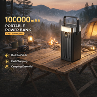Batterie externe de grande capacité pour le camping en plein air, 100000 mAh, chargeur portable avec câbles intégrés, lumière LED