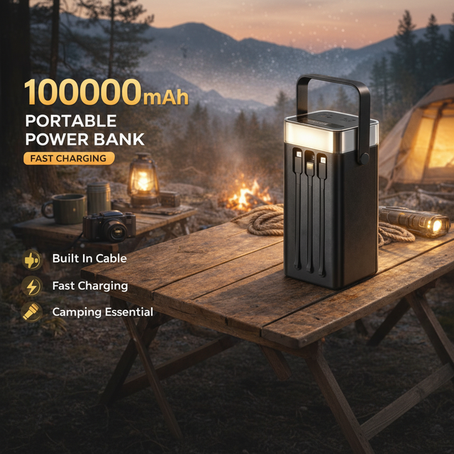 Outdoor Camping Large Capacity Power Bank 100000mAh Portable Charger With Built in Cables LED Light