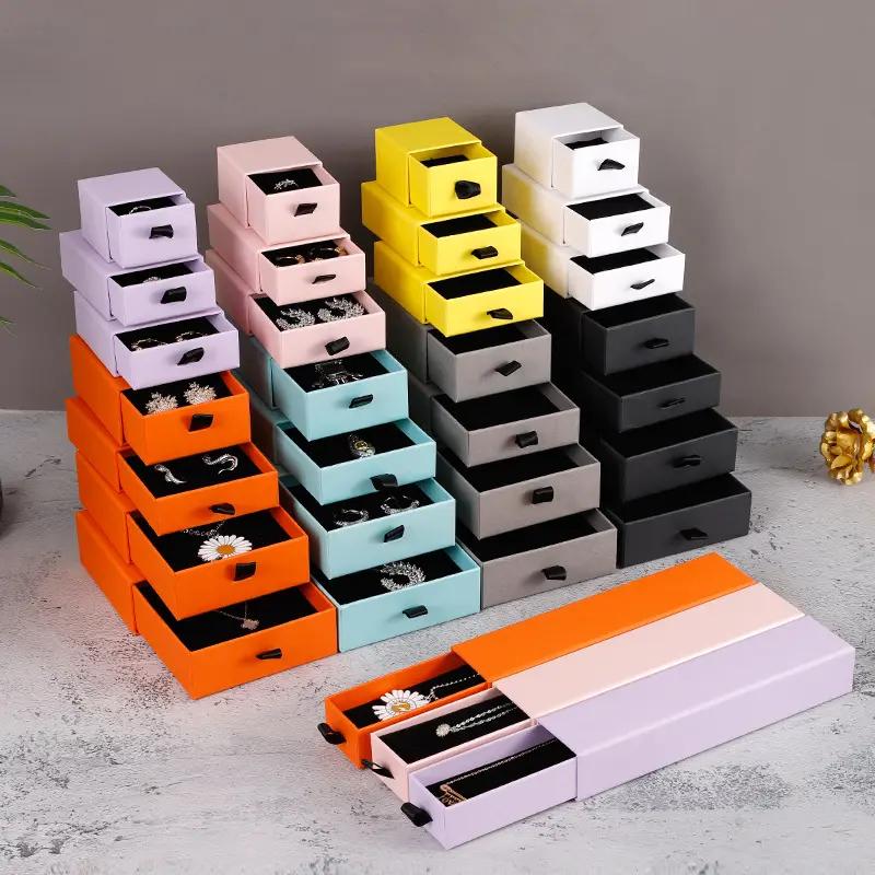 तैयार शेयर कागज उपहार बॉक्स लोगो कस्टम गहने दराज बक्से 8 आकार 12 रंग