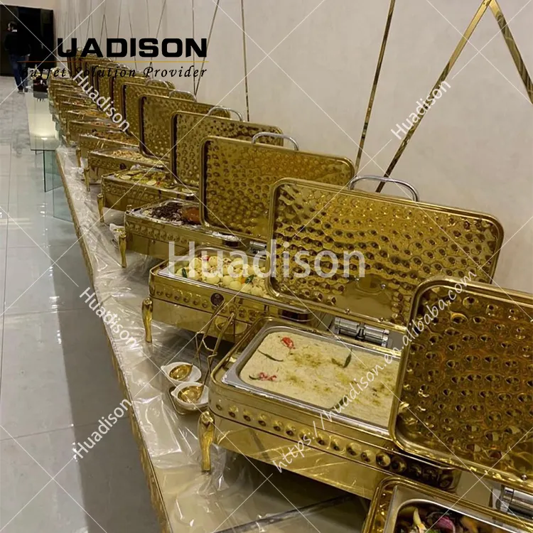 Huadison Restaurant Ausrüstung gehämmert Chafing Dish hydraulisch 304 Edelstahl Gold Chafing Dish Food Warmer Set