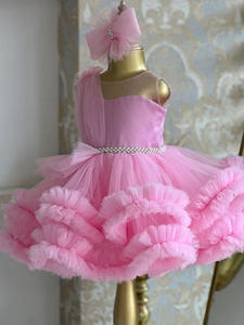 Princess Pink One Shoulder Performance Couture Ruffled Tulle <strong>Tutu</strong> Skirt Pearl Belt Decoration Birthday Party <strong>Dress</strong> for Girls - Product Image 2
