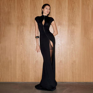 Vestido Midi de Punto con Cuello Alto Estilo Chino para Mujer, Diseño Calado con Abertura Lateral, Inspirado en Cheongsam, Vestido Casual para Dama - Product Image 3