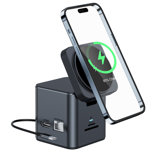 Latest Design 8 in 1 Magnetic Wireless Charger Stand Multi Splitter Adapter OTG Fast Charging Station for iPhone 15 14 13