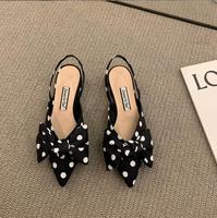Nouvelles Sandales Plates à Bout Fermé et Nœud Papillon à Talon Épais de Luxe, Chaussures Escarpins Femme à Petit Talon Motif Pois Noir Printemps-Été