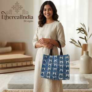 <b>Blue</b> Indigo <b>Rug</b> Tote Bag Block Print Cotton Tote Leather Handle Boho Shoulder Bag <b>Large</b> Everyday Tote - Product Image 1