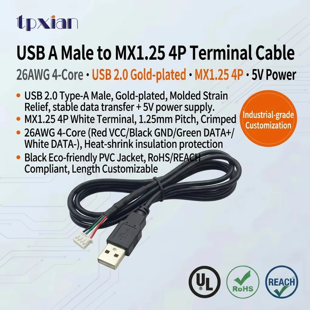 Factory OEM USB A Male to MX1.25 4P Harness 26AWG 4 Core USB2.0 Power Data Cable Custom Length