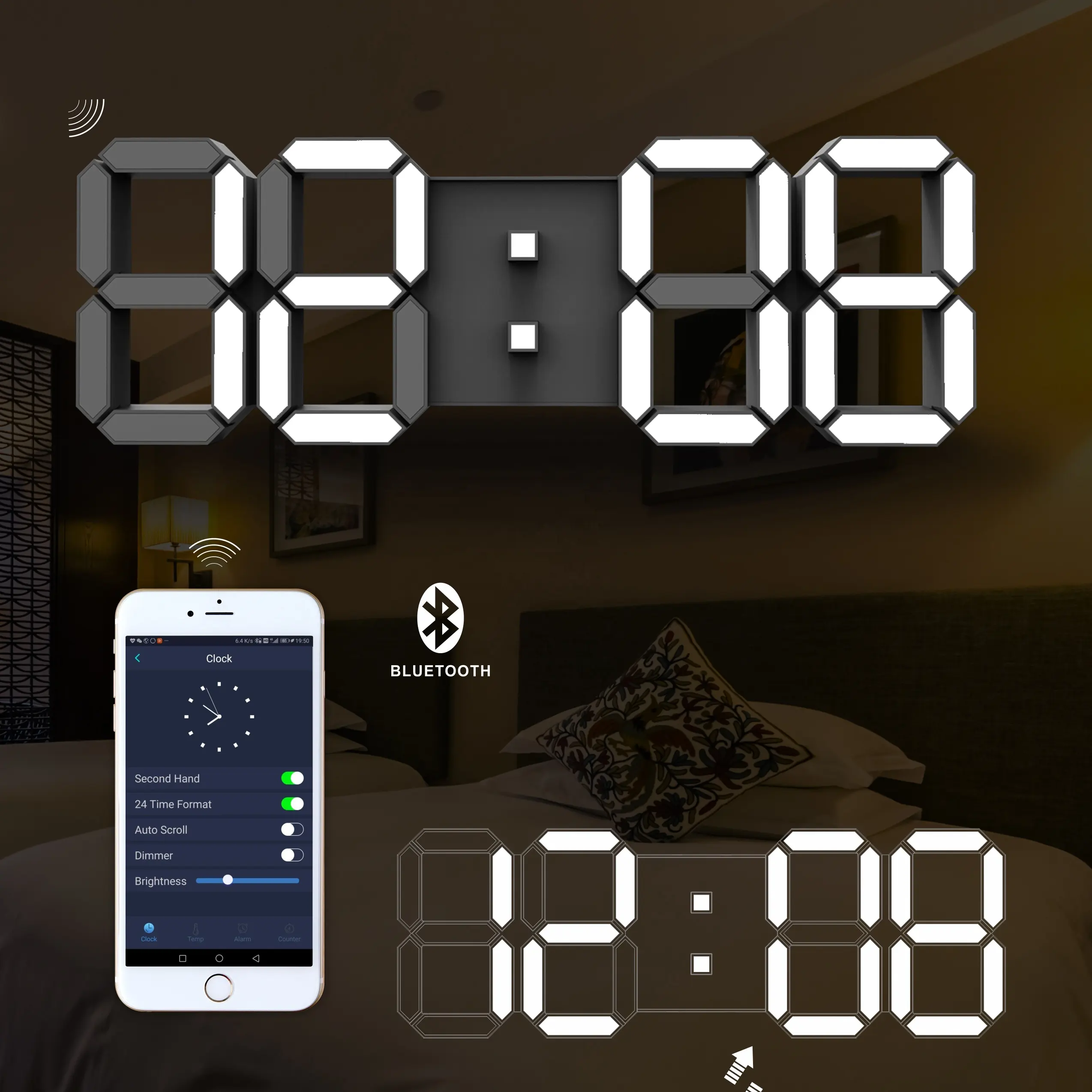 현대 홈 장식 야간 스누즈 달력 블루 치아 APP 제어 디지털 3D LED 벽 시계